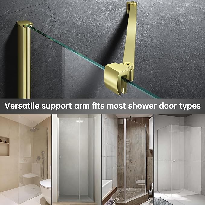 Frameless Shower Door Support Bar, Stainless Steel Wall-to-Glass Support Arm to Fixed Shower Glass Panel, for 1/4"-3/8" (6-10 mm) Door, 180° Pivot & Stow-Flat Mode (Brushed Gold, 19.7-inch(500mm))