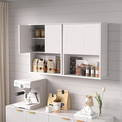 Bathroom Wall Cabinet Wooden with 2 Doors,Over the Toilet Storage Cabinet,Bathroom and Laundry Wall Mount Storage Medicine Cabinet with Open and Adjustable Shelf,Easy Assembly (Style A-2 PC, White)