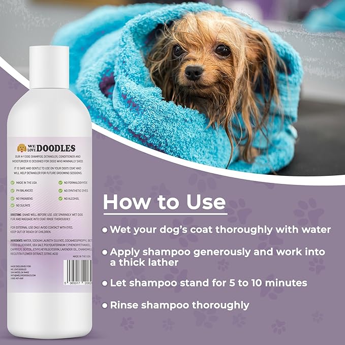 We Love Doodles Bundle 4-in-1 Non-Organic Dog Shampoo (Lavender & Chamomile) and Dog Bath Brush - Pet Rubber Brush for Shower Scrubbing & Soothing Massage, Essential Puppy Grooming Accessories
