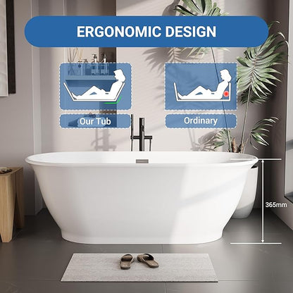 59 Inch Acrylic Freestanding Bathtub, Bathtub with Matte Drain and Overflow, Modern Square Tub, Deep Ergonomic Design, cUPC Certified, Double-Walled Insulation, Easy Install and Safe Use, White
