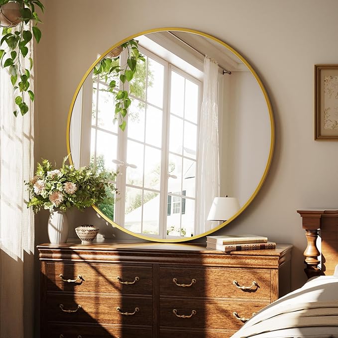 42 Inch Round Gold Metal Wall Mirror - Stylish Circle Mirror for Entryway, Bathroom, and Living Room Decor | Matte Gold Circle Wall Mirror