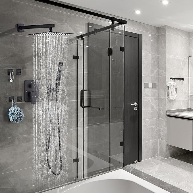 Shower Faucet Set, Matte Black Rainfall Shower System Complete Wall Mounted for Bathroom with 10 Inch Square Shower Head and Handheld Shower Head Rain Mixer Combo Set