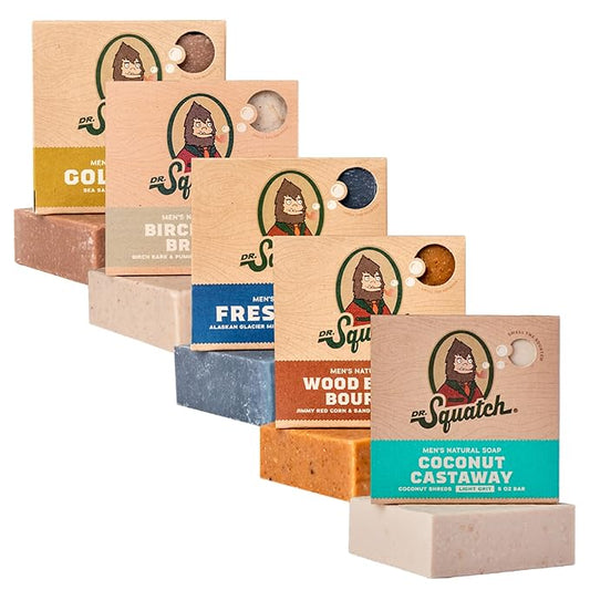 Dr. Squatch Natural Bar Soap for Men - Cold Process Soap with No Harsh Chemicals - Coconut Castaway, Wood Barrel Bourbon, Fresh Falls, Birchwood Breeze & Gold Moss (5 oz, 5-Pack)