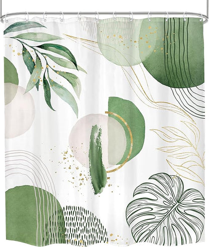 Green Boho Shower Curtain 60Wx72H Bohemian Mid Century Modern Abstract Palm Leaves Tropical Gold Olive Geometric Plant Bathroom Decor Minimalist Bath Curtain Fabric Polyester 12 Pack Hooks