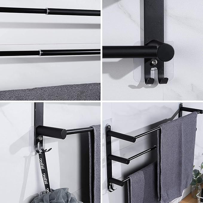 Black Adjustable Towel Bar for Bathroom Wall Mount17-30.7inch Adhesive Shower Towel Rack Stainless Steel Bath Towel Holders for Toilet Kitchen Double Towel Hanger (Black 3 Bar)