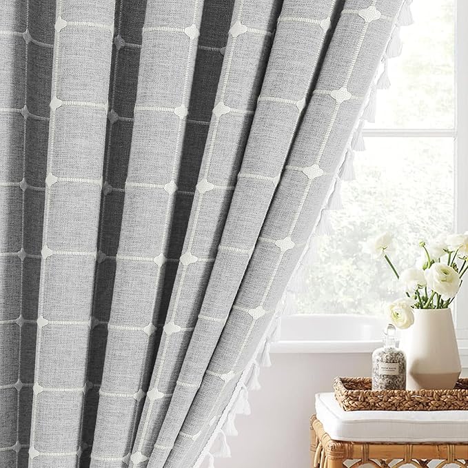 MitoVilla Grey Boho Shower Curtains for Modern Farmhouse Bathroom Decor, Country Thick Polyester Linen Fabric Shower Curtain, Rustic Tassel Cloth Shower Curtain, 72 x 72, Light Grey