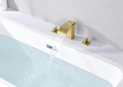 SUMERAIN Two Handle Roman Tub Faucet 3 Hole Waterfall Bathtub Faucet Brushed Gold with Valve