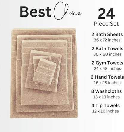 Casa Platino 100% Mercerized Cotton Bathroom Towels Set - 24 Pc - Ringspun, Soft & Absorbent - 2 Bath Sheets, 2 Gym, 2 Bath, 4 Fingertip, 6 Hand Towels, 8 Washcloths - Double Sided Terry - Beige
