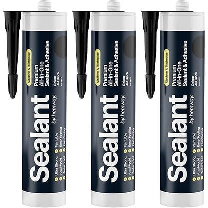 Jet Black Kitchen & Bathroom Sealant & Adhesive Hybrid Polymer | Superior to Silicone Caulk Sealant | Waterproof, Odorless, Paintable | Ideal for Around Bathtub, Shower, Kitchen - 300ml 3 Pack