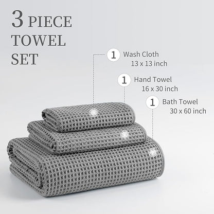 New Microfiber Waffle Bath Towels, 3 Pieces, Oversized, Soft, Absorbent, Fast Drying, Lint Free, Includes Bath, Face and Hand Towels