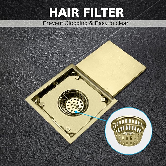 4 Inch Square Shower Drain with Flange, Removeable Grate SUS 304 Stainless Steel Shower Drain with Hair Catcher (Brushed Gold-1, 4 Inch)