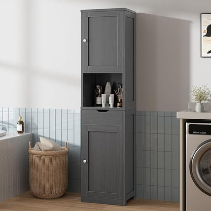 Walsunny Tall Bathroom Storage Cabinet with Freestanding Adjustable Shelves, Narrow Storage Linen Cabinet with 2 Doors and 1 Drawers for Bathroom, Living Room, Kitchen(Gray)