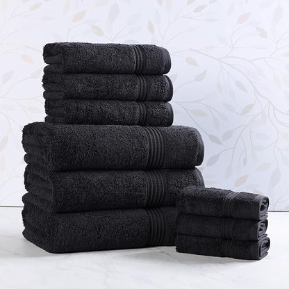 Superior Egyptian Cotton 9-Piece Towel Set, Assorted Towels for Home Bathroom, Guest Bath Decor Essentials, Includes 3 Bath, 3 Hand, 3 Face Towels/Washcloths, Quick Dry, Absorbent - Black