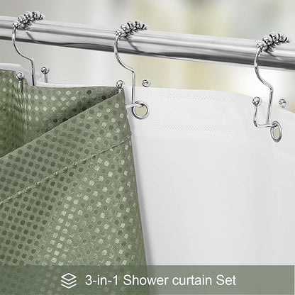 3 in 1 Extra Long Shower Curtain Set-72 W x 84 H, Sage Green Waffle and PEVA Liner Set with 12 Stainless Steel Hooks, Waterproof Fabric for Bathroom