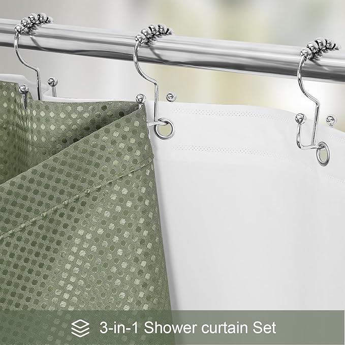 3 in 1 Stall Half Size Shower Curtain Set-36 W x 72 H, Sage Green Waffle Waterproof Fabric and PEVA Liner Set with Stainless Steel Hooks