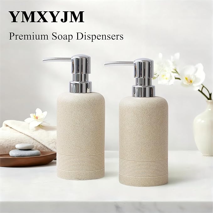 Resin Soap Dispenser Sets, 2 Pcs Heavy Lotion Dispensers,10.8oz Refillable Liquid Soap Dispensers with Rust-Proof Pump for Bathroom Countertop or Kitchen, Stone Beige