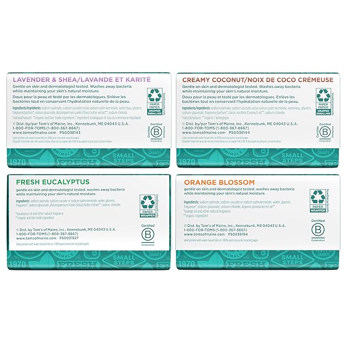 Tom’s of Maine Natural Bar Soap Variety Pack, Lavender & Shea, Creamy Coconut, Orange Blossom, Lemon Bergamot, Dermatologically Tested, Paraben Free, Vegan, 4 Count