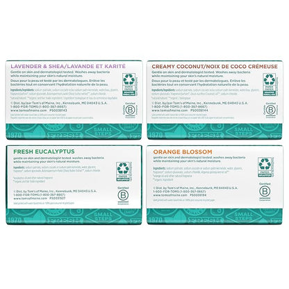 Tom’s of Maine Natural Bar Soap Variety Pack, Lavender & Shea, Creamy Coconut, Orange Blossom, Lemon Bergamot, Dermatologically Tested, Paraben Free, Vegan, 4 Count