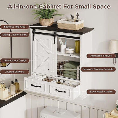 Bathroom Wall Storage Cabinet with 2 Drawers, White Floating Wall Mounted Medicine Cabinet with Sliding Door & Adjustable Shelves, Over The Toilet for Bathroom, Laundry Room, Kitchen
