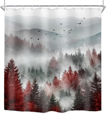 Riyidecor Red Black Mountain Shower Curtain 72Wx72H Inch Nature Scenery Foggy Pine Tree Scenic Woodland Cool Landscape Foggy Natural Mens Bathroom Decor Fabric Polyester Waterproof 12 Pack Hooks