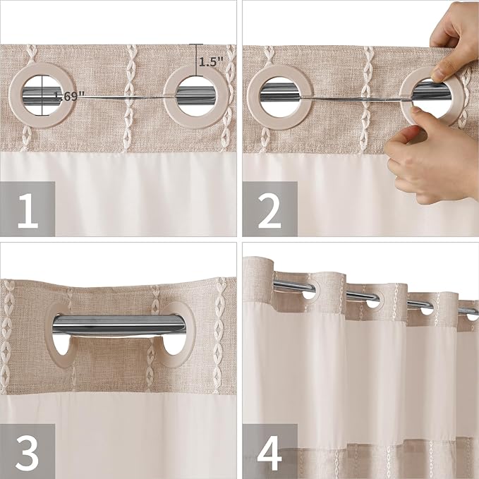 No Hook Long Shower Curtain Set with Snap-in Fabric Liner,Linen Textured Thick Striped Fabric with Tassels,Boho Farmhouse Rustic Luxury Bathroom Curtain,Water-Repellent,Tan/Taupe,71x80