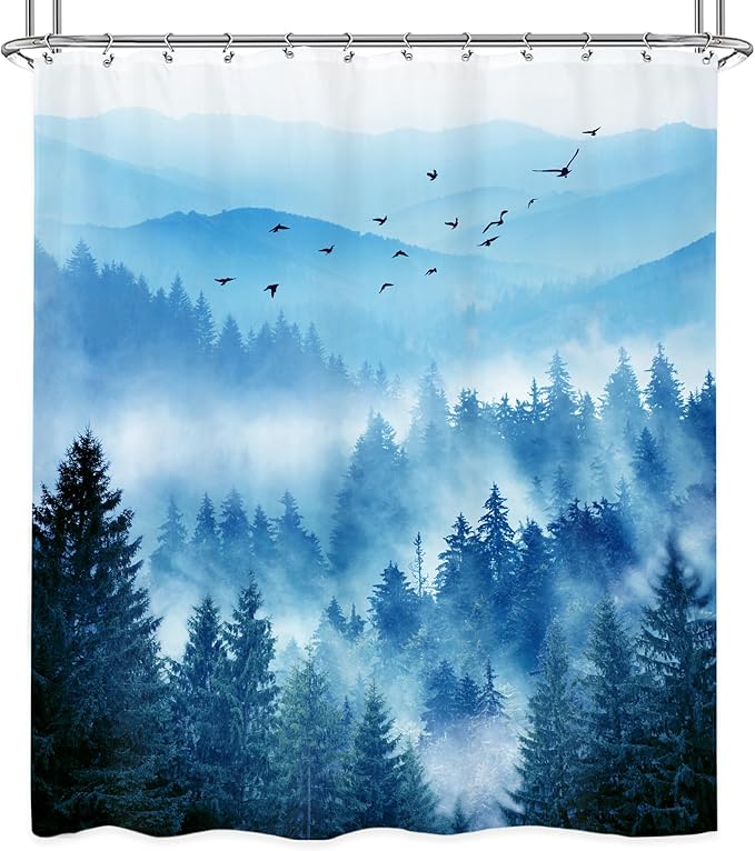 Riyidecor Mountain Shower Curtain 60Wx72H Inch Blue Foggy Nature Scenery Smokey Pine Tree Landscape Natural Woodland Mens Bathroom Decor Fabric Polyester Waterproof 12 Pack Hooks