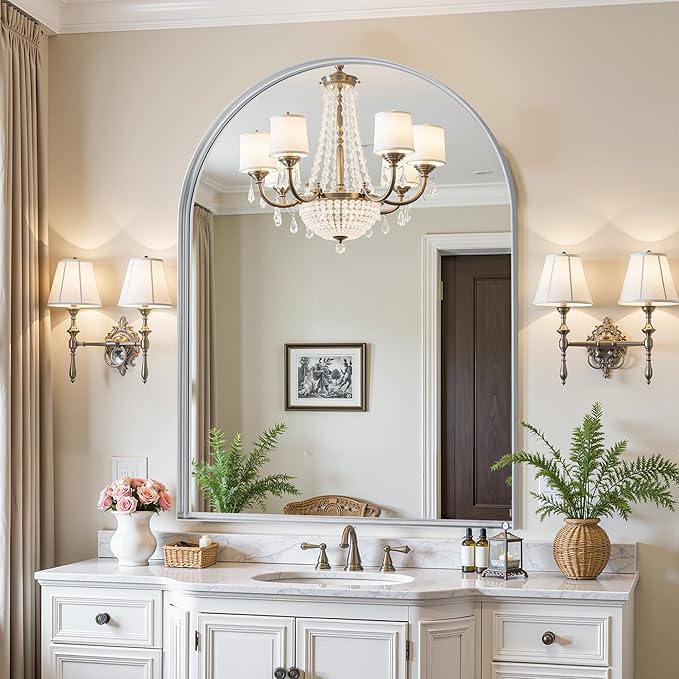 Arched Mirror 30"x40", Bathroom Mirror, Wall Mounted Vanity Mirror with Arch Metal Frame for Bathroom, Over Sink, Bedroom, Living Room, Deep Frame, Silver