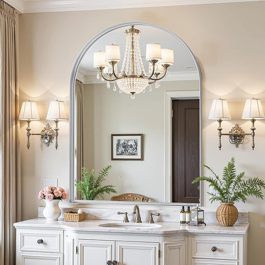Arched Mirror 30"x40", Bathroom Mirror, Wall Mounted Vanity Mirror with Arch Metal Frame for Bathroom, Over Sink, Bedroom, Living Room, Deep Frame, Silver