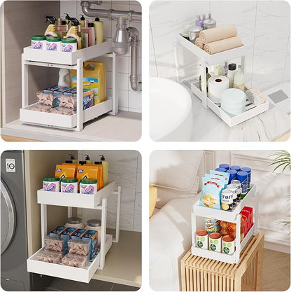 Bamboo Wood Under Sink Organizer 2 Pack, Pull Out Cabinet Organizer 2 Tier Under Sink Organizers and Storage with Sliding Drawer Sturdy Easy Assembly for Kitchen Bathroom Undersink, White