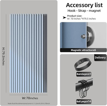 Bathroom Magnetic Folding Shower Curtain, Accordion-Style Shower Curtain, Suitable for Shower Rooms, bathtubs, Hotels or Apartments (Blue, W:70*H79.5Inch)