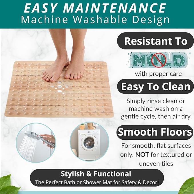 ENKOSI Square Shower Mat 21x21 inch - Anti Slip Bathroom Shower Floor Stall Mat - Non Slip Wood Design Shower Mats with Strong Secure Suction Cups and Drain Holes in Middle (21x21 Wood Teak)