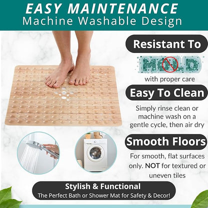 ENKOSI Square Shower Mat 21x21 inch - Anti Slip Bathroom Shower Floor Stall Mat - Non Slip Wood Design Shower Mats with Strong Secure Suction Cups and Drain Holes in Middle (21x21 Wood Teak)