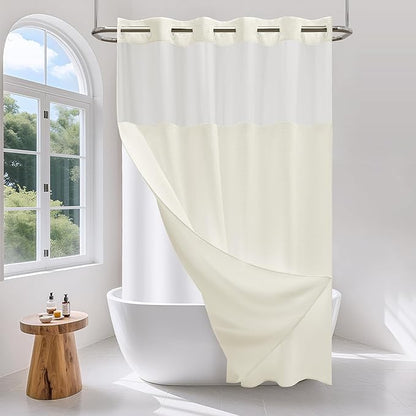 No Hook Waffle Weave Shower Curtain Set with Snap-in Fabric Liner and Mesh Top Window,256GSM Heavy Duty Fabric,Cream Washable Luxury Shower Curtain for Bathroom Stalls (72x75 Inch)