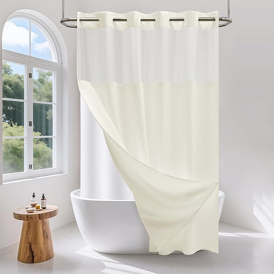 No Hook Waffle Weave Shower Curtain Set with Snap-in Fabric Liner and Mesh Top Window,256GSM Heavy Duty Fabric,Cream Washable Luxury Shower Curtain for Bathroom Stalls (72x75 Inch)