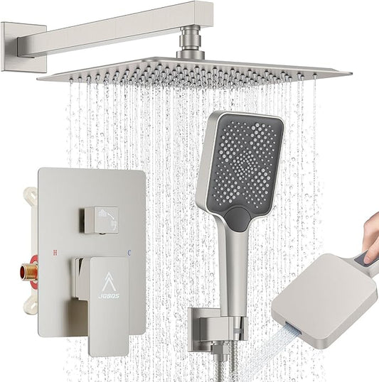 Shower System 10IN Modern Rain Brass Faucet Set With Valve and Diverter Shower Mixer With Handheld High Pressure Square Rainfall Shower Valve (10'' Wall Mount, Brushed Nickel)