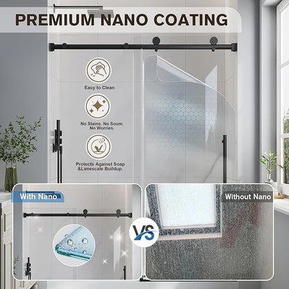 Frameless Glass Shower Door, 55-60" W x 76" H Sliding Frameless Shower Door, 1/4''(6mm) SGCC Tempered Glass, Explosion-Proof Film Nano Coating, Stainless Steel Hardware, Matte Black