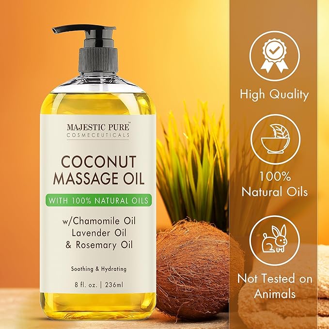 MAJESTIC PURE Coconut Massage Oil for Massage Therapy - Refreshing, and Relaxing - Natural Oils - for All Skin Types - Men and Women - 8 fl oz
