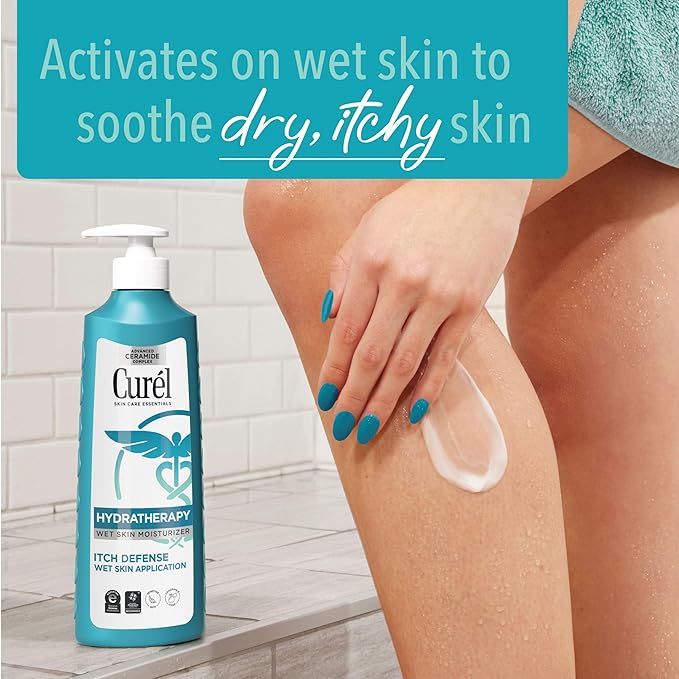Curel Itch Defense In Shower Lotion for Sensitive and Dry Skin, Hydra Therapy Body Lotion with Vitamin E, Fast-Absorbing Ceramide Moisturizer, Repairs Moisture Barrier, Unscented, 12 Oz (Pack of 2)
