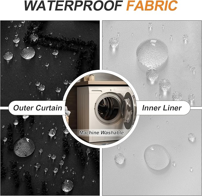 No Hooks Stall Fabric Shower Curtain with Snap in Liner- Water Repellent Tufted Chevron Striped Shower Curtains for Bath Tubs, Narrow Hotel Quality Bath Curtain Set, 36Wx74H, Black