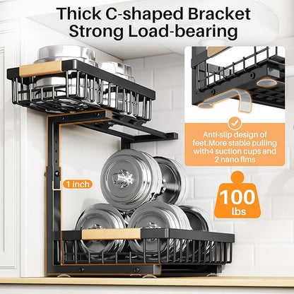 PXRACK 2 Pack Under Sink Organizer,Adjustable Height,2 Tier Pull Out Under Cabinet Organizer,Slide Out Thickened Metal Under Sink Storage for Kitchen Bathroom Laundry Cabinet Pantry,Black(S)