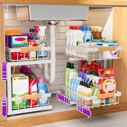 ADBIU Under Sink Organizer, 2 Pack 2 Tier Expandable Height (White, XL) Under-Sink Bathroom Kitchen Organizers And Storage