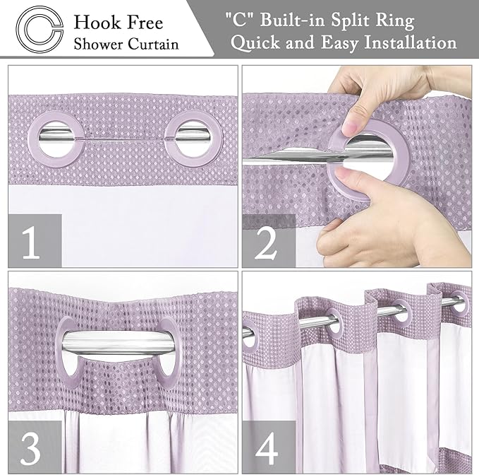 Gibelle Extra Long Shower Curtain 72x86, Waffle Weave Bathroom Shower Curtain with Snap-in Fabric Liner Set, No Hooks Needed, Hotel Style with Mesh Top Window, Lavender