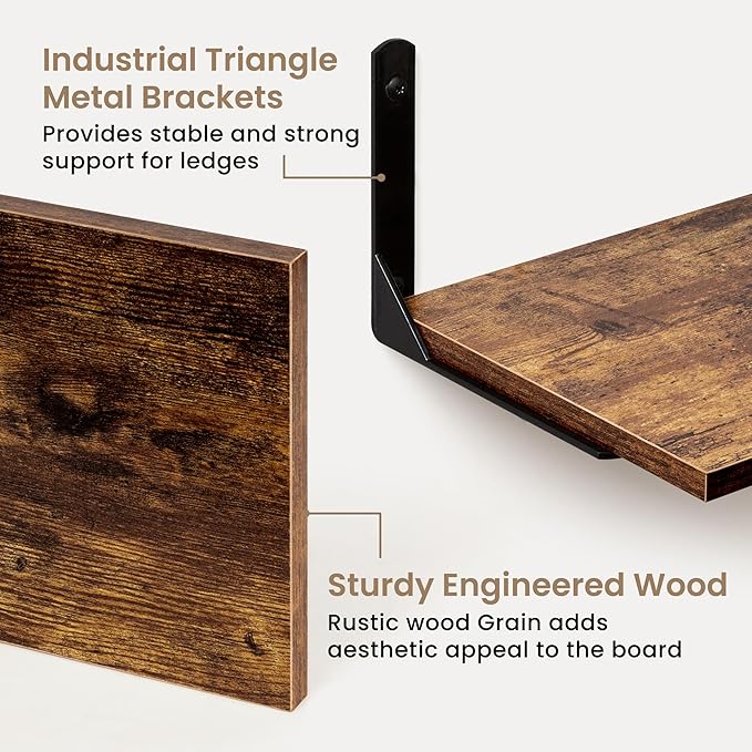 Fun Memories Deep Floating Shelves, 32W x 8D Floating Shelves Set of 2, Wall Mounted Shelf with Metal Brackets, Rustic Wood Wall Shelf for Bathroom, Kitchen and Living Room, Rustic Brown