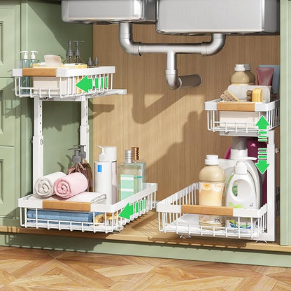 Pull out Cabinet Organizer, 1 Pack Under Sink Organizer, Slide out Metal Kitchen Cabinet Organizers Drawer Shelf, Sliding Storage Shelves for Kitchen Bathroom Pantry Closet Organization Rack(White)