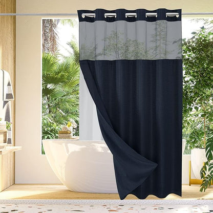 Gibelle No Hook Waffle Weave Shower Curtain with Snap-in Fabric Liner Set for Bathroom, Hotel Style with Mesh Top Window, Waterproof & Washable, Navy Blue, 72x74