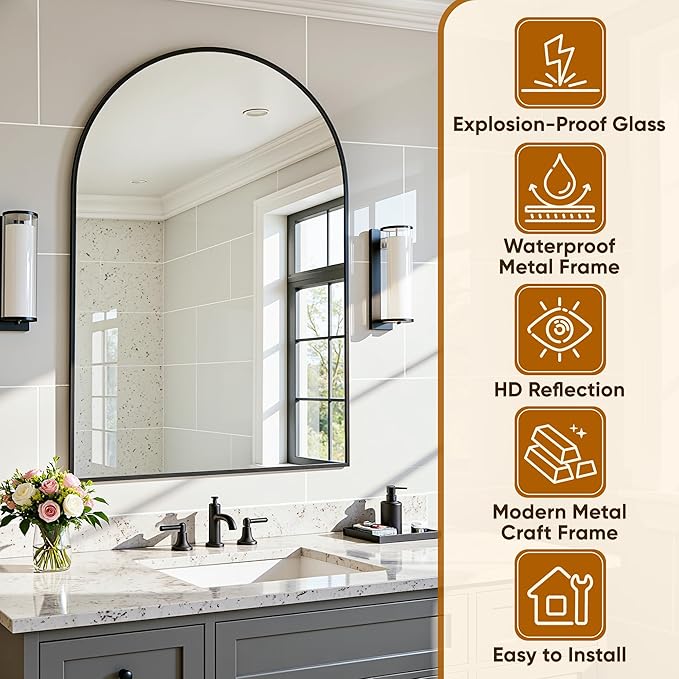 Arched Mirror 24"x36", Bathroom Mirror, Wall Mounted Vanity Mirror with Arch Metal Frame for Bathroom, Over Sink, Bedroom, Living Room, Flat Frame, Black