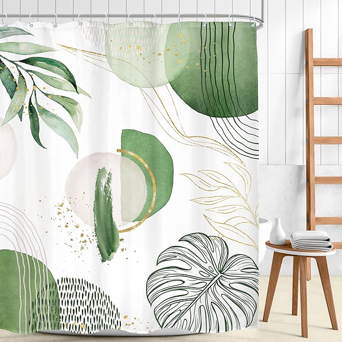 Extra Long Green Boho Shower Curtain 72Wx78H Mid Century Modern Abstract Tropical Gold Olive Palm Leaves Plant Geometric Bathroom Decor Minimalist Bath Curtain Fabric Polyester 12 Pack Hooks