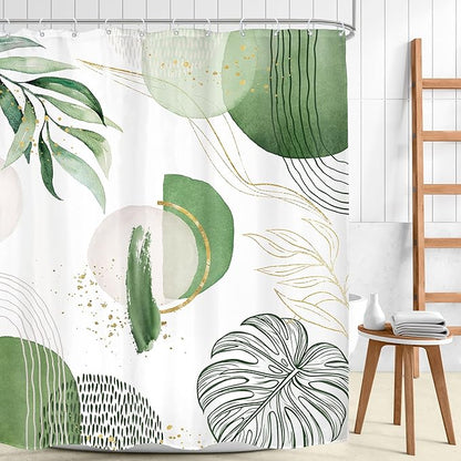 Extra Long Green Boho Shower Curtain 72Wx78H Mid Century Modern Abstract Tropical Gold Olive Palm Leaves Plant Geometric Bathroom Decor Minimalist Bath Curtain Fabric Polyester 12 Pack Hooks