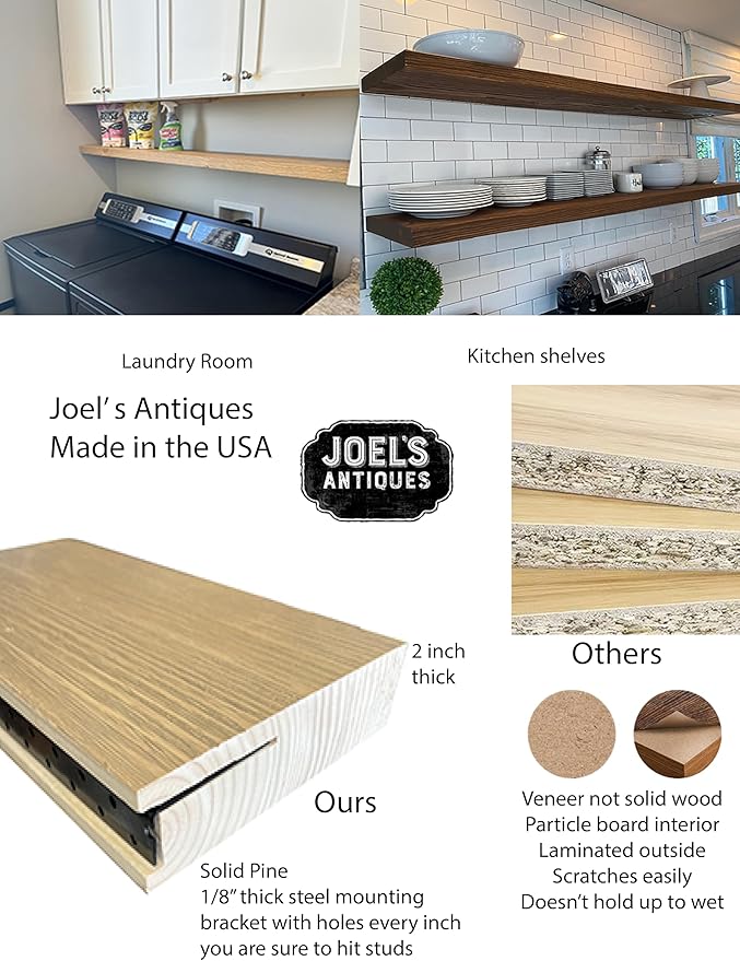 joelsantiques 60 Inch Wooden Floating Shelves for Wall - 60x10x2 in - Made of Natural Wood - Long Heavy Duty Rustic Wall Shelves for Bedroom - Perfect for Living Room, Kitchen - Beige