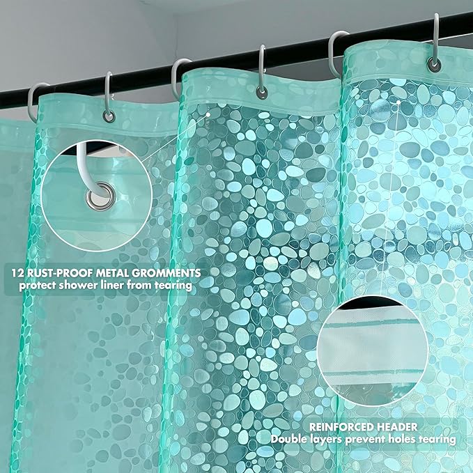 WELTRXE 8G EVA Clear Teal Shower Curtain with 3D Pebbles Design, 72x72 Inches Plastic Waterproof Shower Curtain Liner with Magnets/12 Hooks/Rustproof Grommets for Bathroom, Heavy Shower Liner